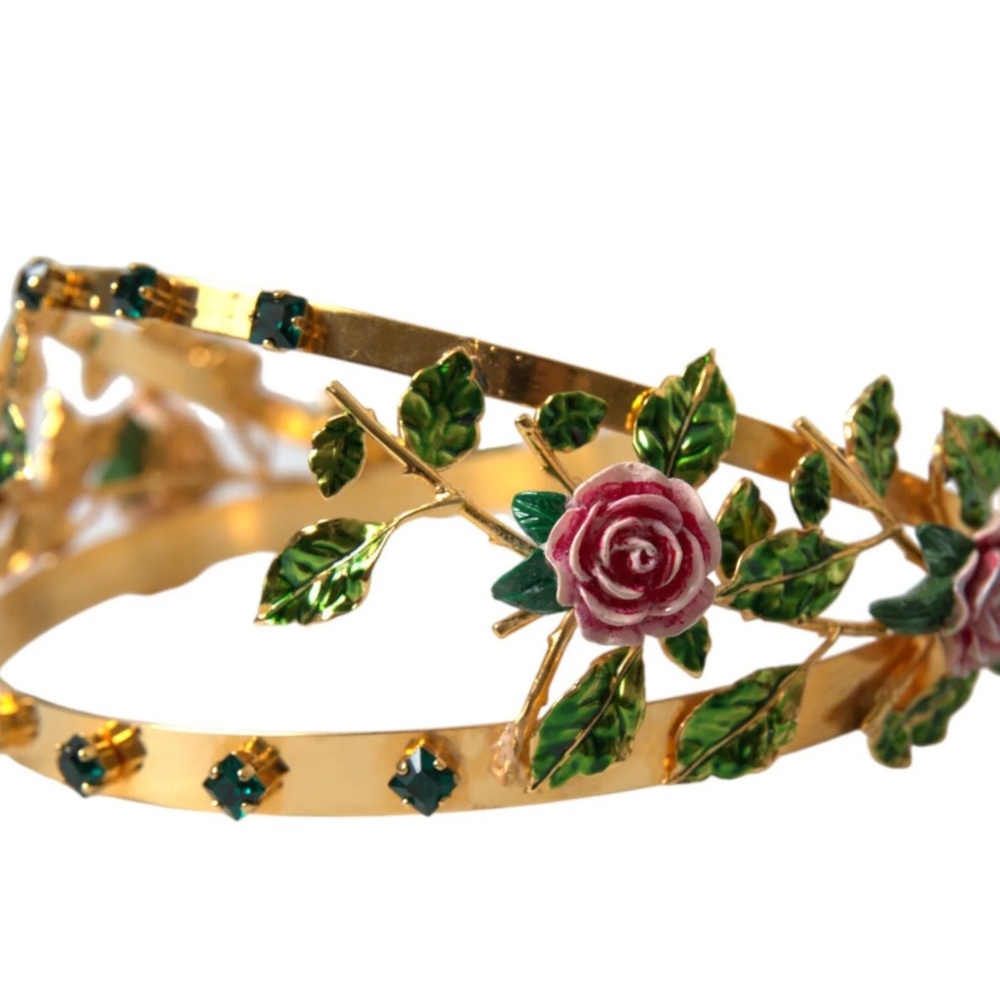 Dolce Gabbana Gold Brass Roses Crystal Embellished Headband Metal Diadem In Box - Picture 9 of 10